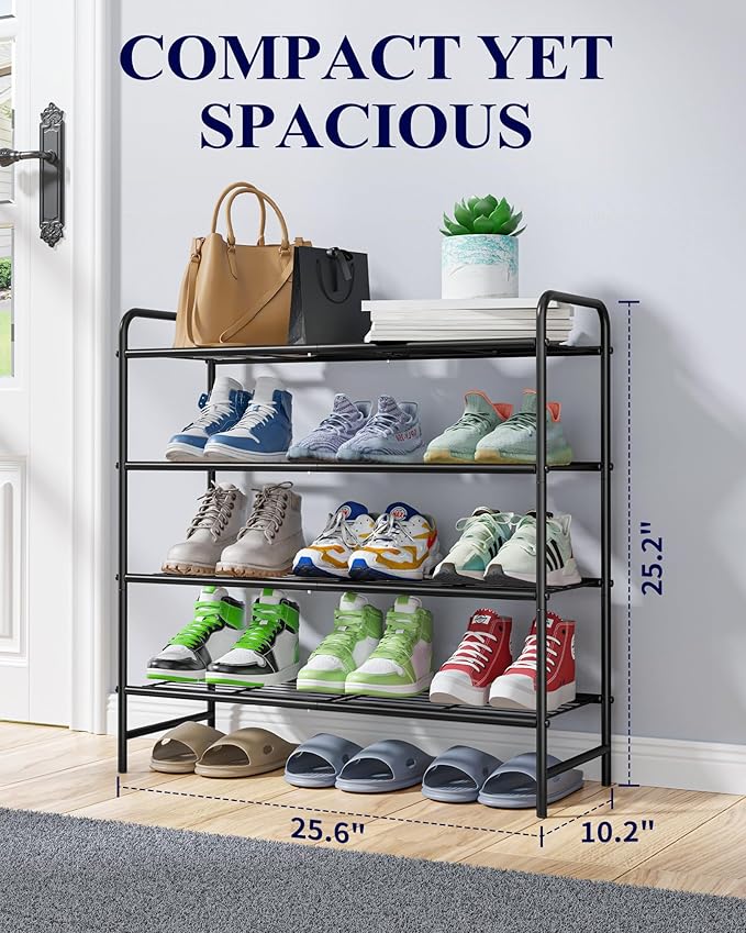 Kitsure Stainless Steel Shoe Rack Organizer, 25.6" Wide - 4 Tier, Black | Sturdy Shoe Rack for Closet and Entryway, Free Standing Shoe Shelf, Closet Organizers and Storage