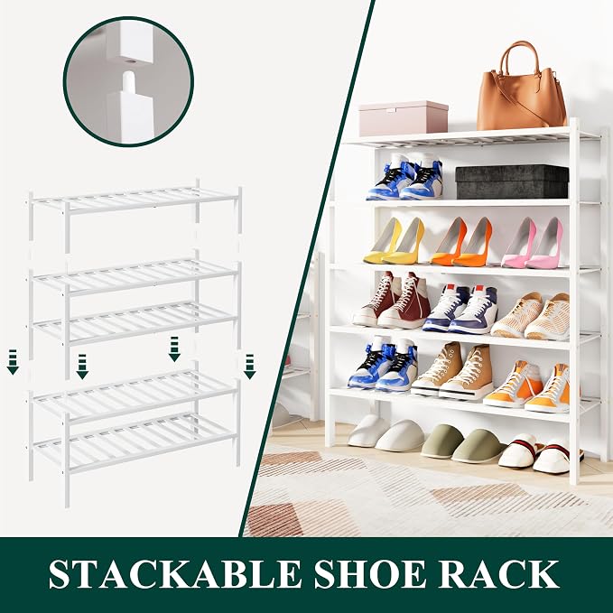 Smiry Bamboo Shoe Rack, 12 Vertical Slats, 6 Tier - 26.8" Wide, White | Stackable Free Standing Wooden Shoe Organizer, Wood Shoe Storage Shelf for Closet, Entryway