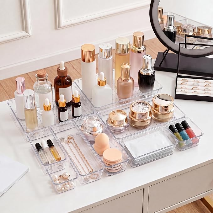 13 Pcs Desk Organizer Tray for Makeup, 5 Sizes Vanity Makeup Drawer Organizer Set, Non-Slip Desk Drawer Organizer Trays for Bathroom, Bedroom, Office, Fits Jewelry