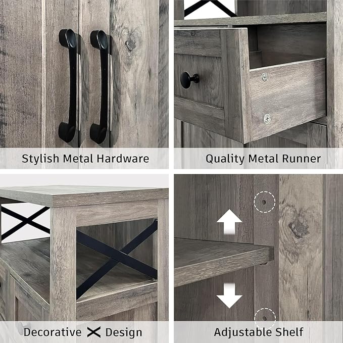 Farmhouse Storage Cabinet Set of 2, Small Kitchen Pantry Coffee Bar Cabinet | Accent Buffet Cabinet Cupboard, 2 Drawers, Barn Doors & Adjustable Shelves, for Kitchen/Entryway/Bathroom, Rustic Gray