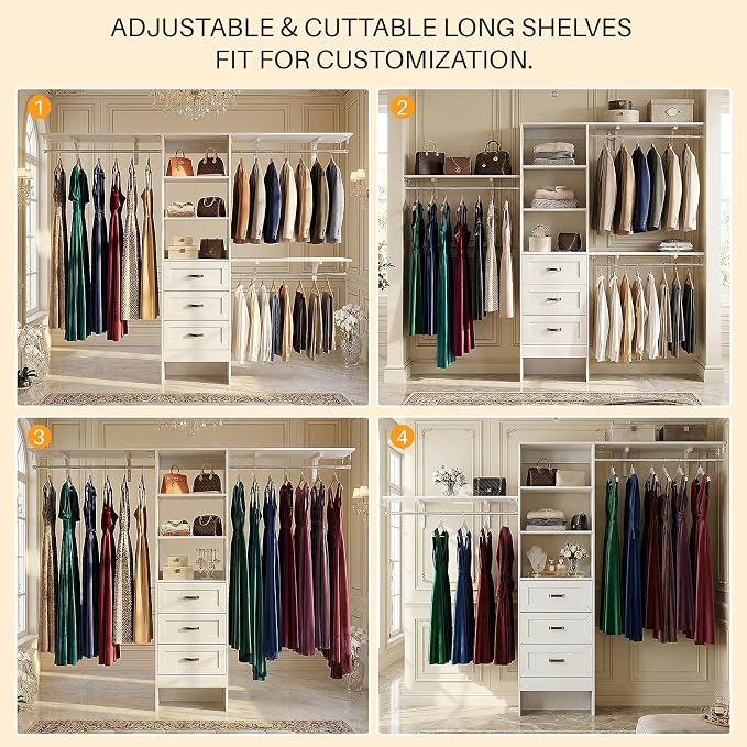 8FT Closet System with 3 Curved Drawers, 96'' Wooden Walk-in Closet Organizer with 3 Top Shelves, Adjustable Organizer System with 3 Hanging Rods, Built-in Wardrobe Storage Rack for 4-8 ft, White