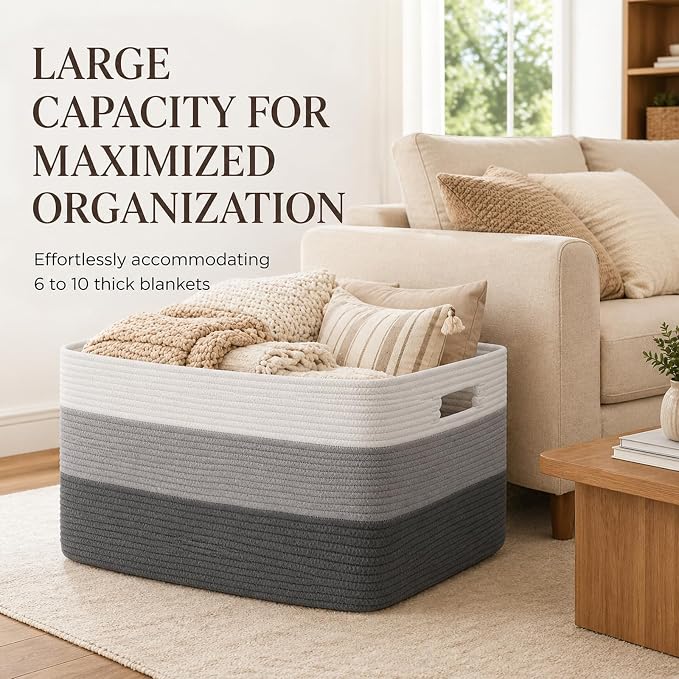 OIAHOMY Large Blanket Basket For Living Room, Rectangle Woven Baskets for Storage, Nursery Toy Storage With Handle-22”x17”x12”-Gradient Dark Grey