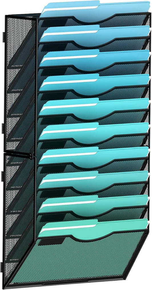 Gawerk 10-Tier Wall File Organizer Hanging Wall File Holder for Office | Wall Mount Paper Folder Organize, Mesh Magazine Document Mail Organizer Wall Organizer for Office School Home, Black