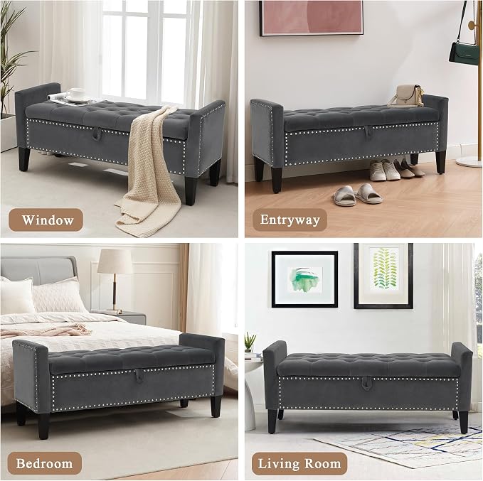 Velvet Ottoman with Storage, 46'' Upholstered Button Tufted End of Bed Bench with Arms, Modern Storage Bench for Living Room, Bedroom, Entryway, Dark Grey