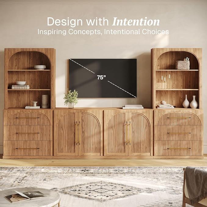 BELLEZE 6-Piece Modular TV Stand Set - 2 Sideboards with Drawers, 2 Double-Arc Wood Door Sideboards, and 2 Hutch Cabinets, Classic Modern Media Console with Adjustable Shelves for Living Room (Camel)