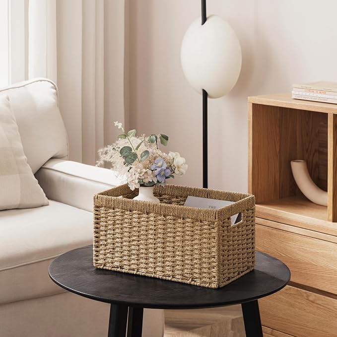 joybest Wicker Baskets for Shelves, Hand-woven Storage Baskets Natural | 13.4L x 8.3W x 7.1H inch for Pantry, Kichen Organizing, Foldable Rectangular Bin with Handles, 4-pack