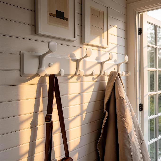 SKOLOO 12 Hooks Wall Mounted Coat Rack, 24 Inch Modern Coat Hanger for Entryway, Bathroom, Garage, Lightweight with 16 Inch Stud Spacing Design, Matte White