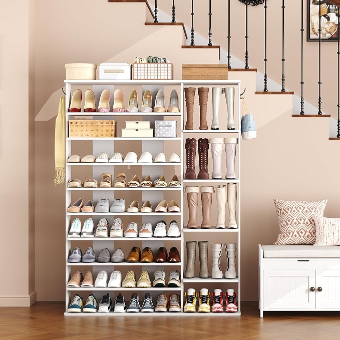 HOMEFORT 10 Tiers Shoe Rack, 50 Pairs Large Shoe Shelf, 61.8" Tall Shoe Tower, Freestanding Shoe Rack Organizer with Open Shelves, Wood Shoe Stand for Boot Storage, for Closet, Entryway, White