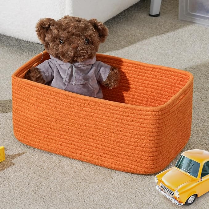 3-Pack Storage Baskets for Organizing | Woven Shelf Toy Basket | Rope Baskets for Gifts Empty | Closet Organizer Bins with Handles | Cube Decorative Box | 13.7×7.1×6.7” | Orange