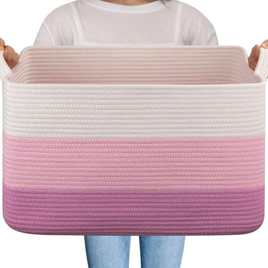 OIAHOMY Large Blanket Basket, 65L Cotton Rope Woven Laundry Basket, Toy Bin for Baby Room, Container for Blanket Storage in Living Room, 20''×16''×12'', Gradient Pink