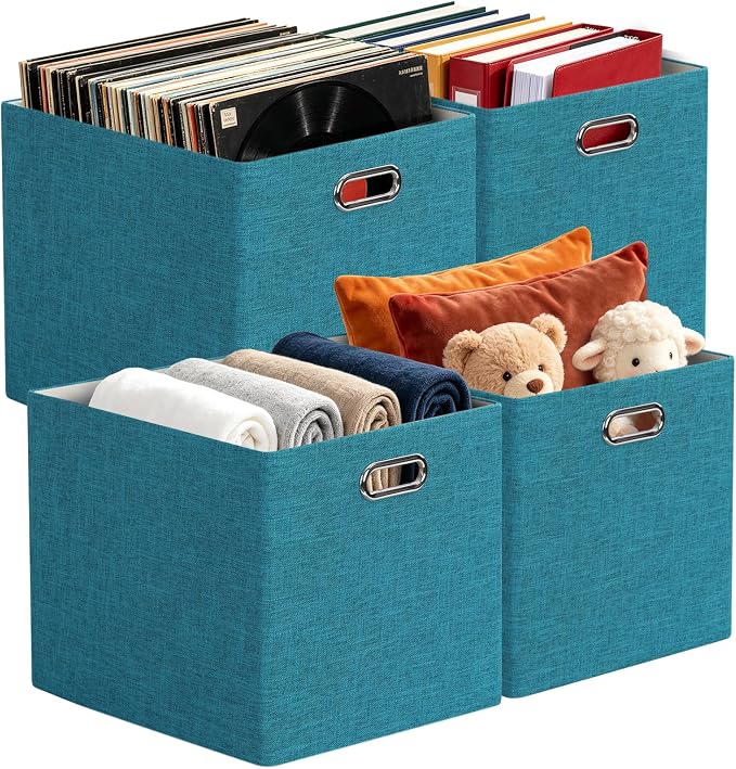 Posprica 3X Thicker Collapsible Storage Bins,13×15x13 Foldable Storage Cube Boxes Fabric Drawer for Closet Shelf Cabinet Bookcase, set of 4 (Bright Green)