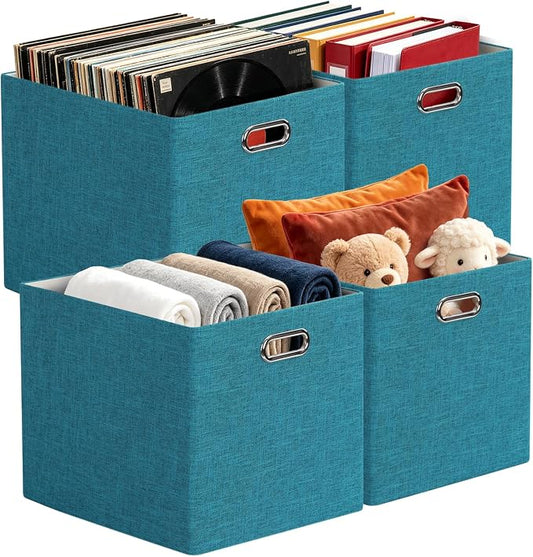 Posprica 3X Thicker Collapsible Storage Bins,13×15x13 Foldable Storage Cube Boxes Fabric Drawer for Closet Shelf Cabinet Bookcase, set of 4 (Bright Green)
