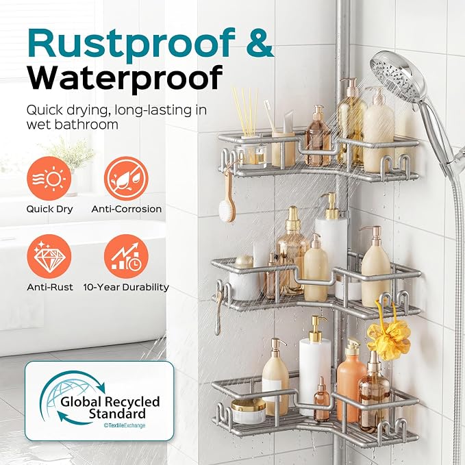 HAMITOR Corner Shower Shelves, 4-Tier Metal Tension Pole Caddy, Silver Gray | Rustproof Bathtub Organizer, No Drilling Standing Bathroom Storage, Apartment Essentials For Renters, 47.7-123.6in Adjustable