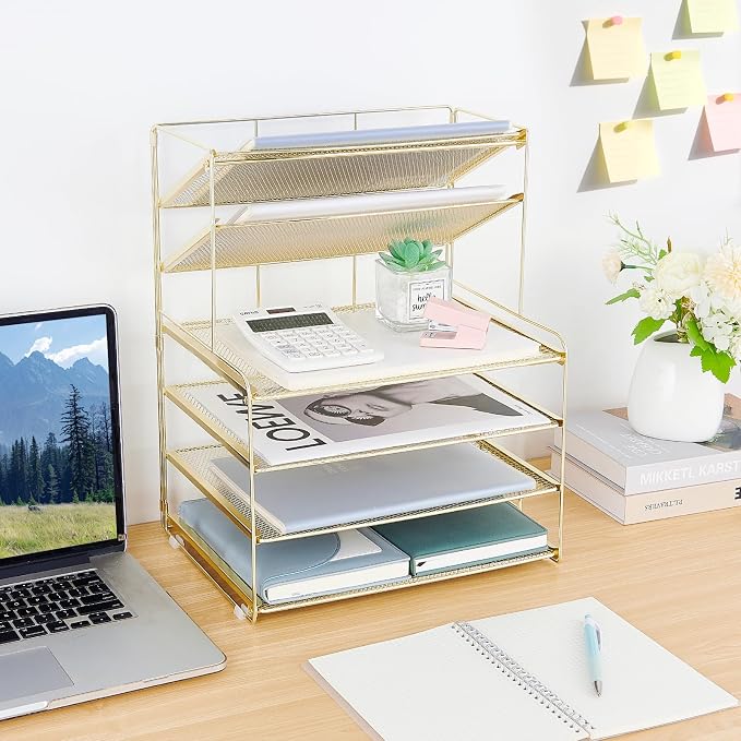 OPNICE Desk Organizer, 6-Tier Letter Tray Paper Organizer, Desktop File Organizer, Office Desk Accessories & Office Decor for Women, Workspace Organizer for Office Supplies(Gold)
