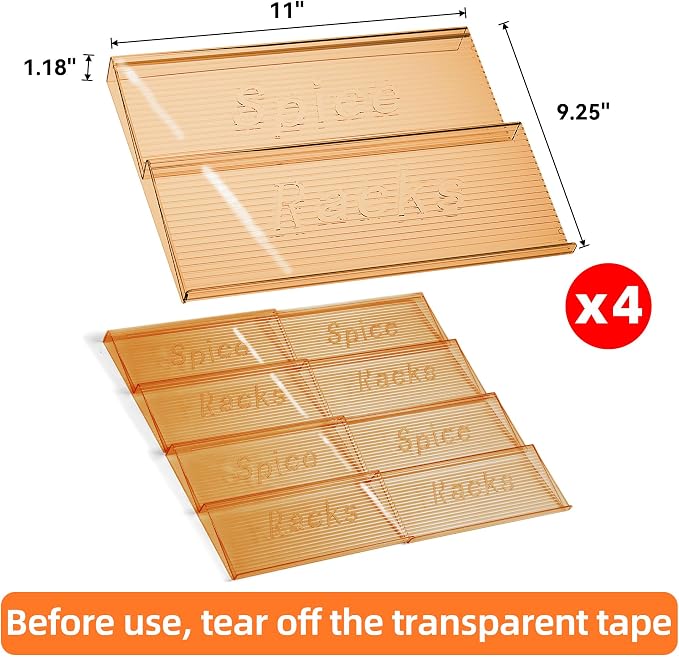 PanPanPal Spice Drawer Organizer, 4 Tier- 4 Pack Amber Acrylic Drawer Seasoning Organizer, Expandable From 11'' to 22'' Kitchen Spice Rack Organizers and Storage for Drawer (Jars not included)