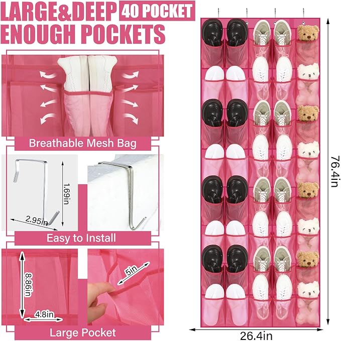 Windyun 40 Over the Door Shoe Organizer Large Mesh Pocket Hanging Shoe Rack for Closet Rose Red Nonslip Behind Door Storage Holder Back to School Organizer for Dorm Room College Classroom Storage