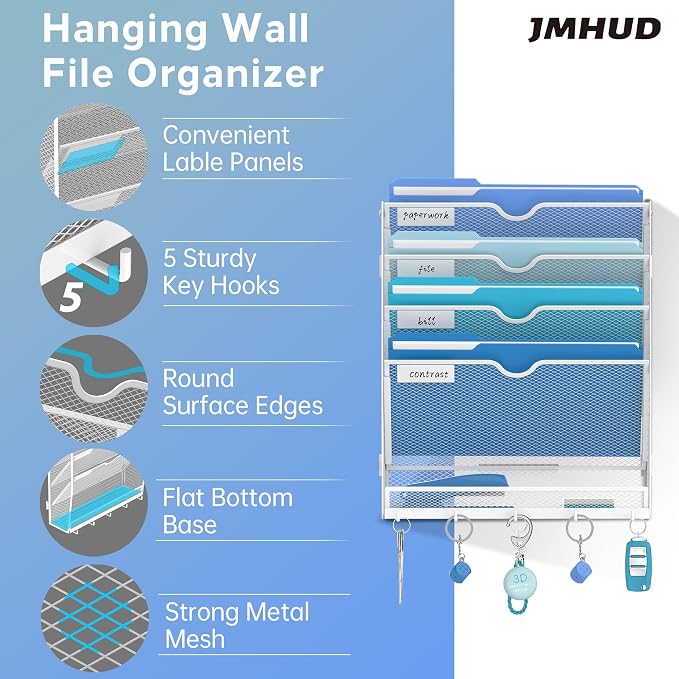 5 Tier Wall File Organizer - Hanging File Organizer with 5 Hooks, Mail Holder Wall Mounted for Papers, Folders, Magazines, Bills, Office&School Organization, White