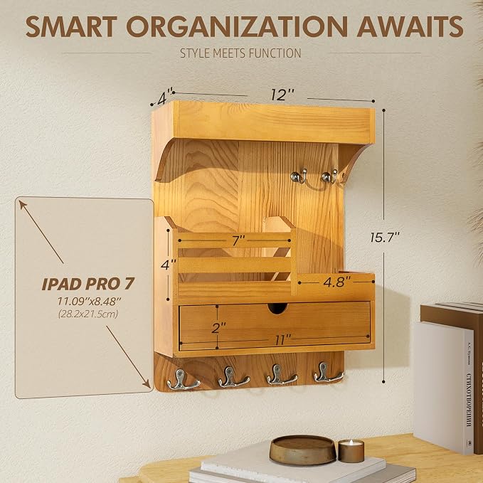 Rebee Vision Key Holder Wall Mount with Drawer for Home Decor, Light Brown | Key Holder for Wall, 6 Key Hooks, Floating Wall Shelf, Drawer Organizer, Mail Sorter, Room Decor Aesthetic