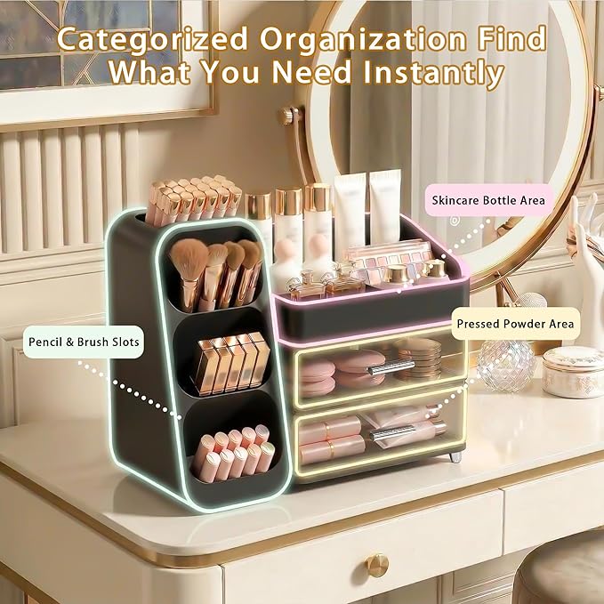 Large Capacity Makeup Organizer Countertop with Makeup Brush Holder for Vanity, Thickened Material, Bathroom Countertop Organizer Skin Care Perfumes Storage, Teen Girl Gifts for 12-23 Year（black）