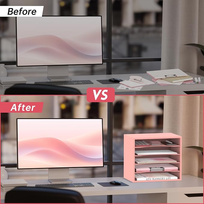 5 Tier Wood Desk Organizer, Mail Sorter and Paper Organizer for Desk, Pink | Wooden Desktop Organizer for Sorting Papers, Letters and Mails, Literature Organizer for Home Office, Classroom Organization