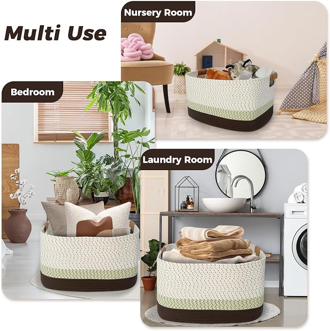danpinera 108L Large Basket for Living Room, Nursery & Laundry, Kids Toy Basket Storage with Leather Handle, 25’’*16’’*16’’ White & Mottled Green