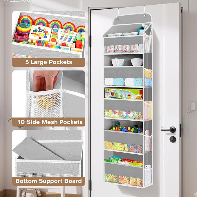 Over the Door Organizer, 5 Large Pocket Hanging Storage with 40lb Capacity | Space Saving Door Storage for Nursery, Bathroom, Bedroom and Closet, Baby Essentials and Toiletry Organizer, Grey
