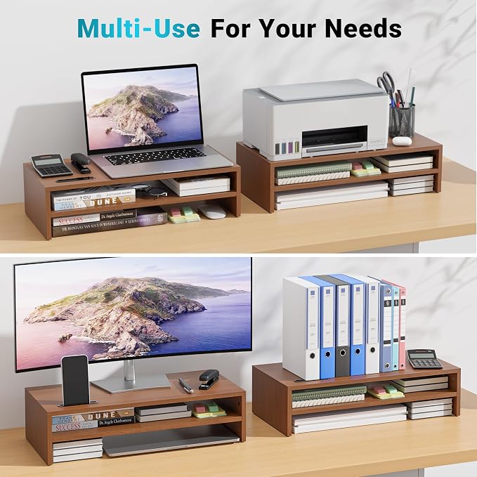 BONTEC Wood Monitor Stand Riser, 2-Tier Desktop Organizer | Ergonomic Computer Stand for Desk, Cable Management, Cellphone Holder, 21.3 Inch Shelf, Walnut