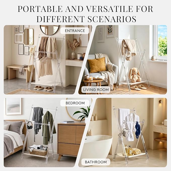 Acrylic Clothes Rack, Foldable Children's Clothing Rack,with Shelves Portable Coat Rack, Suitable for Entrance Hall, Bedroom, Living room, and Bathroom for Hanging Clothes of Babies and Pets.