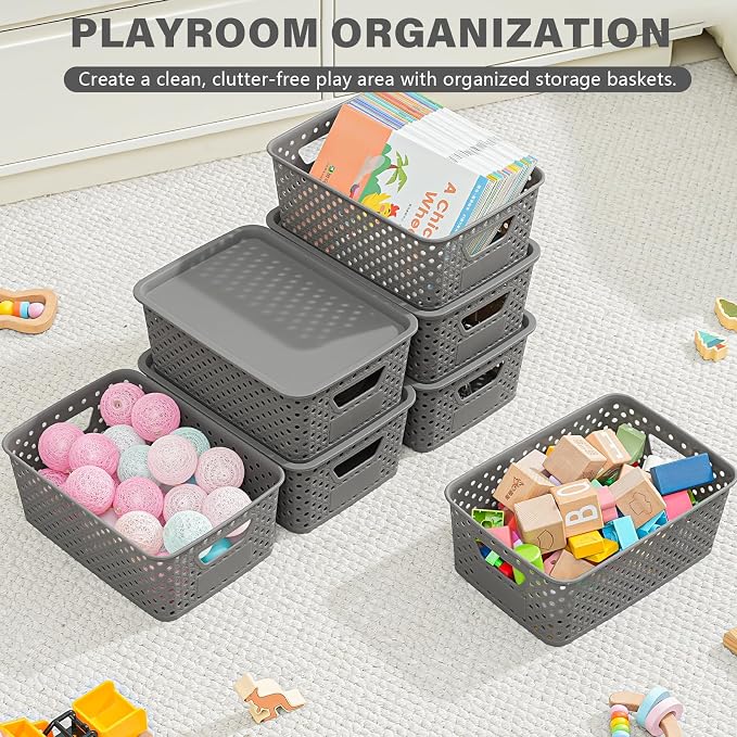 10 Pack Small Plastic Storage Bins with Lids, Stackable Plastic Storage Baskets for Organizing with Handles, Organizer Bins with Labels for Room,Craft,Containers for Pantry Organizers and Storage,Grey