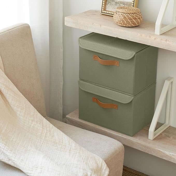 ZICOTO Decorative Linen Storage Boxes with Lids - Large Set of 2 Organizer Bins for Your Home Decor - The Perfect Container to Safely Store Photos, Documents and Memory Box Keepsakes in Style
