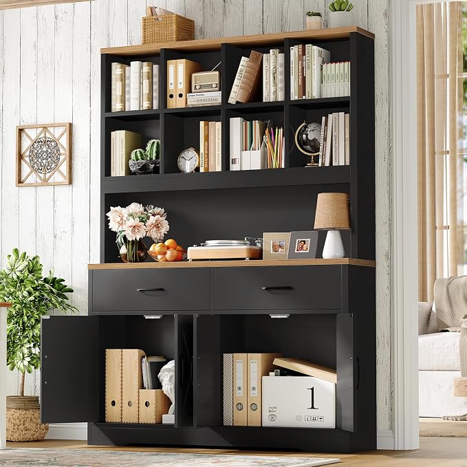 Storage Cabinet with Doors and Drawers, Pantry Cabinets, 5 Tier Floor Standing Bookshelves, Bookshelf and Bookcase, 8 Open Storage Shelves and Printer Stand for Study, Living Room, Office