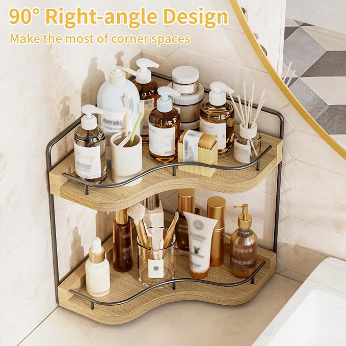 2-Tier Corner Bathroom Counter Organizer, Larger Size | Embedded Screw Holes, Sturdy & Stable, Oversized, Holds More, Vanity Shelf for Makeup & Skincare, ‎‎Light Walnut