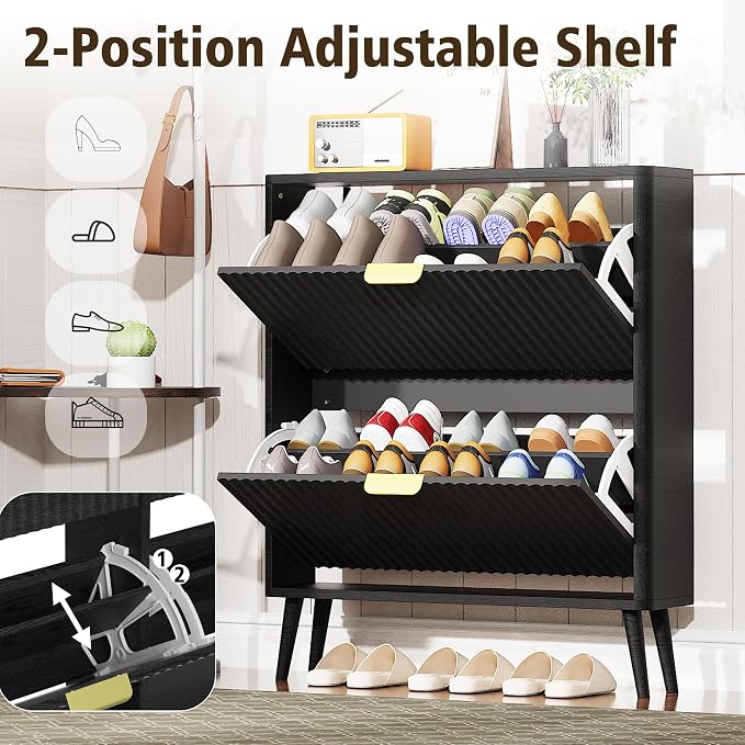 KIGOTY Narrow Shoe Storage Cabinet, Shoe Cabinet with 2 Flip Drawers, Freestanding Shoe Organizer with Legs for Entryway, Slim Shoe Rack Cabinet for Enterway (Black-Gold, 2 Flip Drawer)