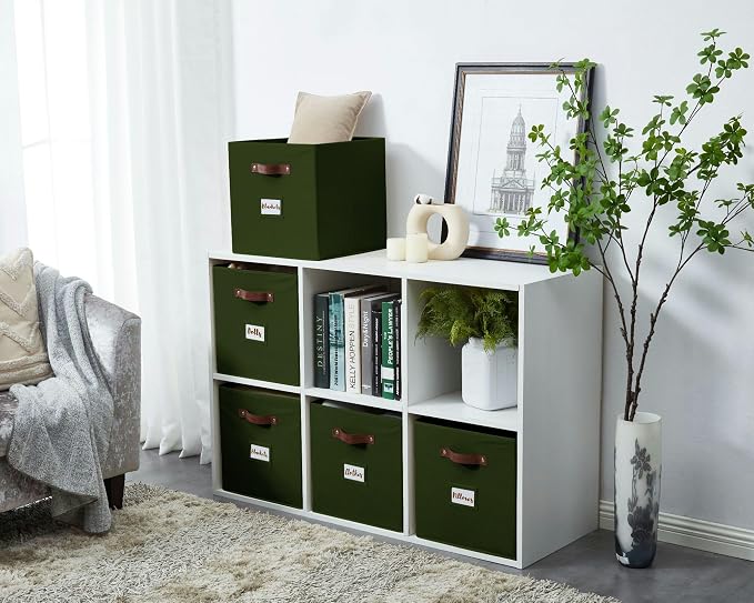DECOMOMO Storage Bins, Storage Baskets for Shelves | 13" x 15" x 13" Storage Cube Bins with Labels for Organizing Shelves (Kallax, 4pcs, Olive Green)