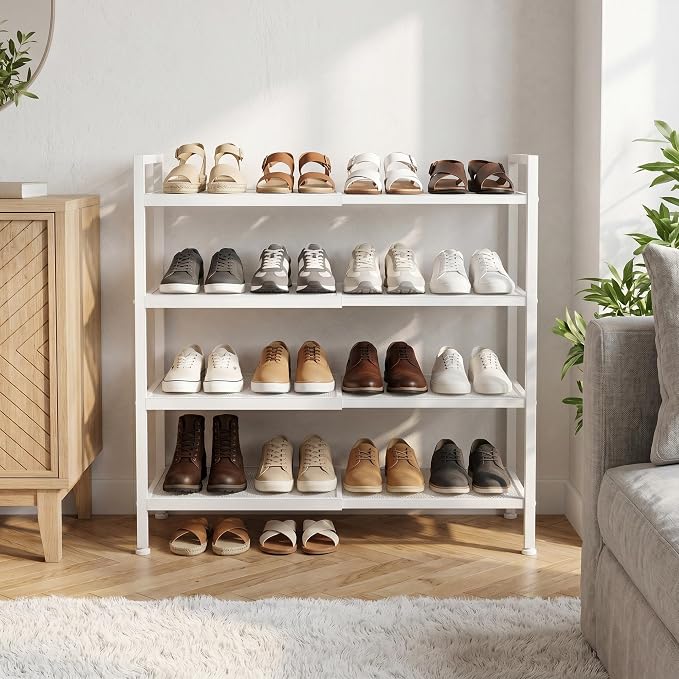 Shoe Rack, Expandable Shoe Rack for Closet, Adjustable Shoe Organizer for Entryway, Shoe Storage Organizer for Door Entrance, Garage, Bedroom (White, 4-Tier)