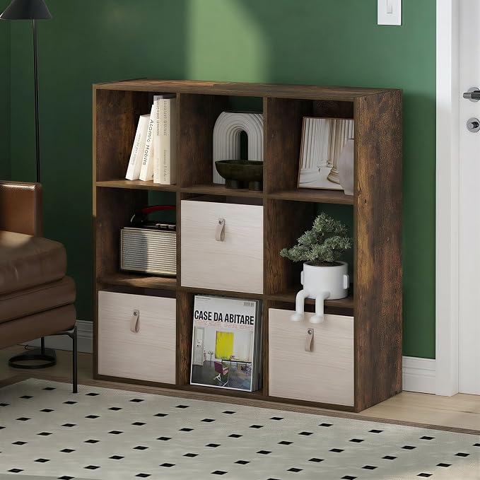Furinno PELLI Book Shelf, 9-Cube Bookshelf, 3x3 Cube Storage Organizer Bookcase, 11.7 x 35.3 x 35.4, for Organization and Storage, for Living Room, Bedroom, Home Office, Amber Pine