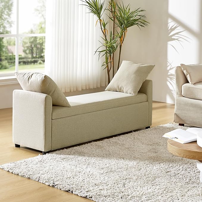 HULALA HOME 59" Storage Bench with 2 Throw Pillows & Armrests, Beige | Modern Long Bedroom Bench for End of Bed, Comfy Upholstered Fabric Footstool for Entryway Living Room