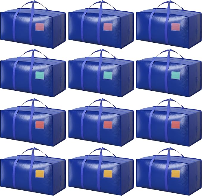12 Pack Moving Bags with Full-Open Side Zipper, Extra Large 93L Heavy Duty Waterproof Foldable Storage Totes for College Dorm, Moving & Home Organization Blue