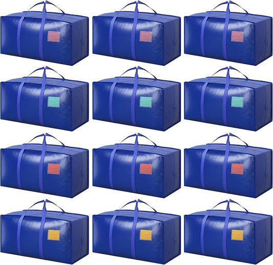 12 Pack Moving Bags with Full-Open Side Zipper, Extra Large 93L Heavy Duty Waterproof Foldable Storage Totes for College Dorm, Moving & Home Organization Blue