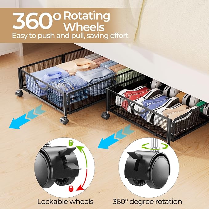 Yecaye Under Bed Storage with Wheels, 4 Pack Under Bed Shoe Storage Organizer Drawer, Tool-free Assembly Metal Underbed Storage Containers for Clothes, Shoes, Toys, Black