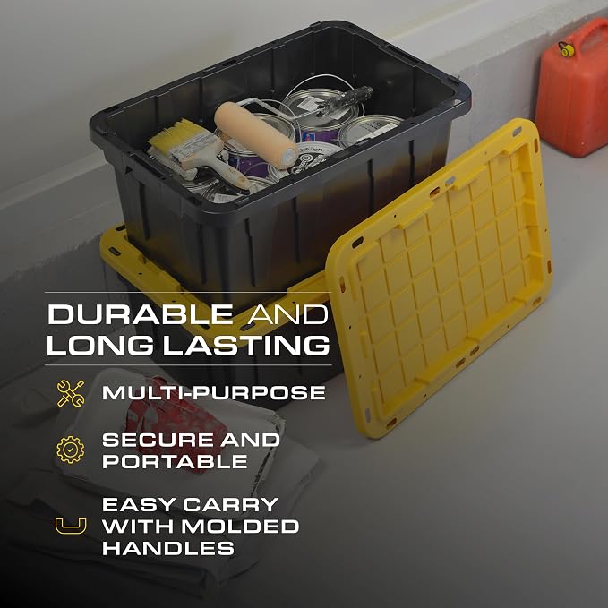 CX Heavy Duty 17-Gallon Stackable Plastic Storage Bins with Lids, 2 Pack | Storage totes for garage organization, Stackable containers, weather-resistant, snap lid, 12.5H x 18W x 26.9D, Black/Yellow