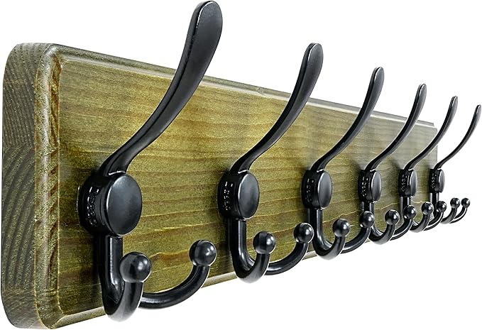 Coat Rack Wall Mounted - 24" Long 6 Tri Hooks, Heavy Duty Wooden Wall Coat Hanger Coat Hook for Clothes Hat Jacket Clothing, Weathered Green and Black