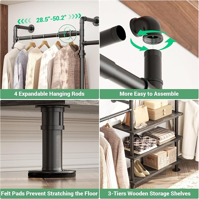 Aheaplus Expandable Industrial Pipe Clothing Rack, 7.3-10.9Ft Wall Mounted Closet System, Reversible L Shaped Clothes Rack for Hanging Clothes,Heavy Duty Corner Wardrobe Closet Garment Rack, Black Oak