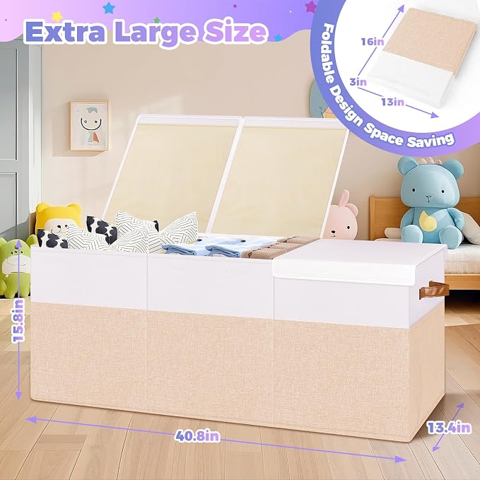 Extra Large Toy Storage Box with Lid, Collapsible Sturdy Toy Chest Storage Organizer Bin Basket with Divider for Kids, Boys, Girls, Closet, Playroom, Bedroom, Nursery, 40"X14"X16", Beige & White | Sturdy Kids Toys Bin with 2 Mesh Pockets and Dividers f...