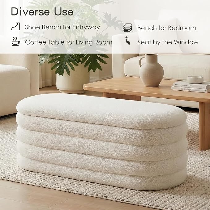 Furniliving Storage Ottoman Bench, 45'' Upholstered Boucle Ottoman with Storage, Aesthetic Bedroom Bench for Living Room Entryway, Beige
