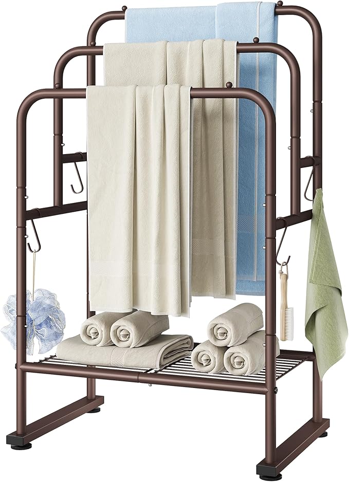 ELYKEN 40" H Freestanding Towel Rack with Shelf, 3 Tier Towel Stand, Bronze | Metal Drying Rack for Oversized Bath Towels & Blankets, 4 Hooks, Indoor & Outdoor Use, Fits Bathroom, Tub, Shower, Poolside