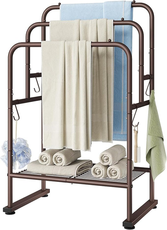 ELYKEN 40" H Freestanding Towel Rack with Shelf, 3 Tier Towel Stand, Bronze | Metal Drying Rack for Oversized Bath Towels & Blankets, 4 Hooks, Indoor & Outdoor Use, Fits Bathroom, Tub, Shower, Poolside
