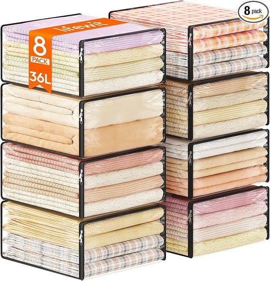 Lifewit 36L Clear Sheet Storage Bags with Zipper 8 Pack, Plastic Sweater Storage Bins for Clothing, Vinyl Foldable Clothes Containers Organizers for Closet, Blankets, Bedding 17.7 x 15.7 x 7.9 Inch