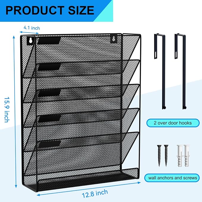 6-Tier Hanging File Organizer Office Cubicle Accessories for Work Organizer Wall Mount File Holder for Mails Folders Papers Magazine Organization, Black