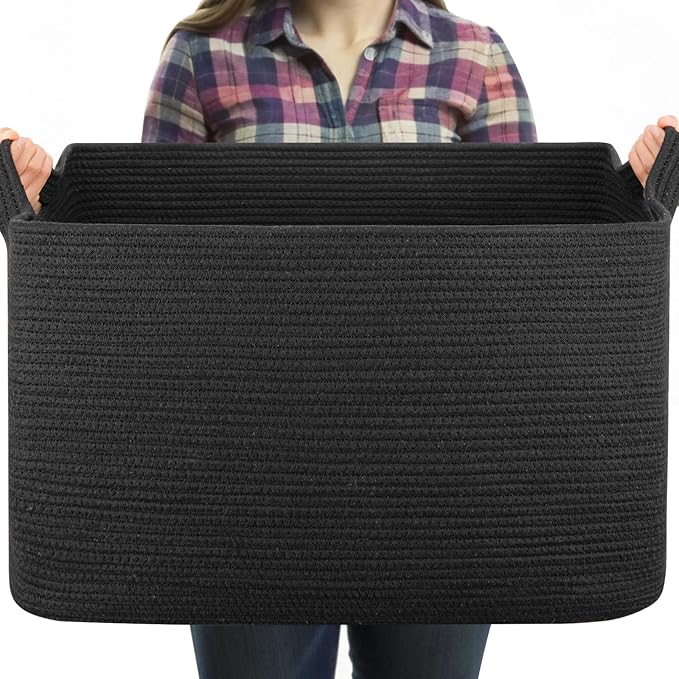 OIASKET 95L Large Blanket Basket, Black Blanket Storage Living Room, Rectangle Woven Baskets for Storage Toys, Towels, Dirty Clothes Organizer Bins (Black)